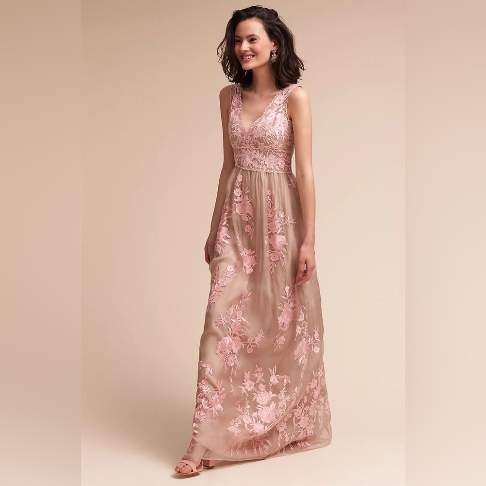 🆕NWT BHLDN X Anthropologie Lenox Dress Gown Embroidered Floral Rose Quartz Blush